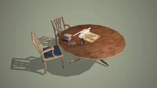 多边形木质圆桌配复古座椅与古籍地图摆件组合 3D 模型