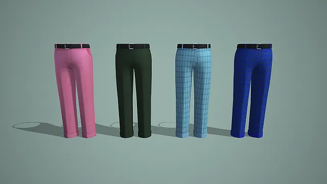 粉绿纯色与蓝绿格纹腰带卷边裤四件套 3D 模型
