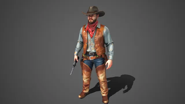 西部荒野风格  牛仔角色  棕皮马甲  粗犷  左轮手枪  络腮胡  硬汉