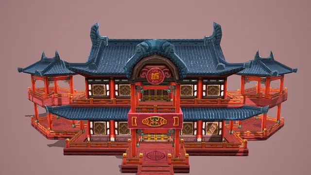 3D卡通风格中式两层宫殿建筑模型，创意设计（3D建筑、卡通风格、两侧副楼、华丽喜庆，文化主题，物品元素）
