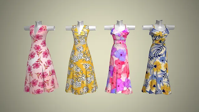 碎花长裙  花卉印花  V领无袖  荷叶边吊带  收腰版型