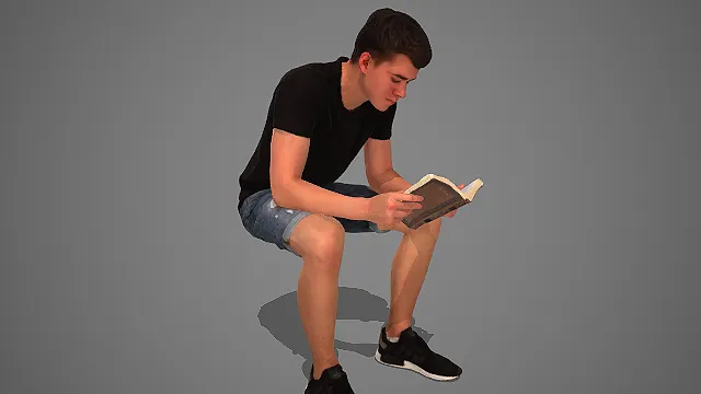 黑 T 牛仔短裤男士蹲坐阅读休闲姿态 3D 模型