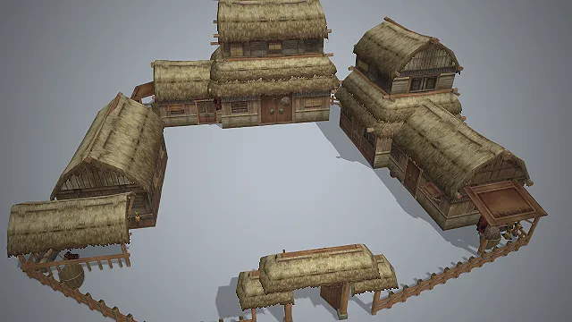 乡村茅草屋  农家院落  做旧质感  木栅栏门