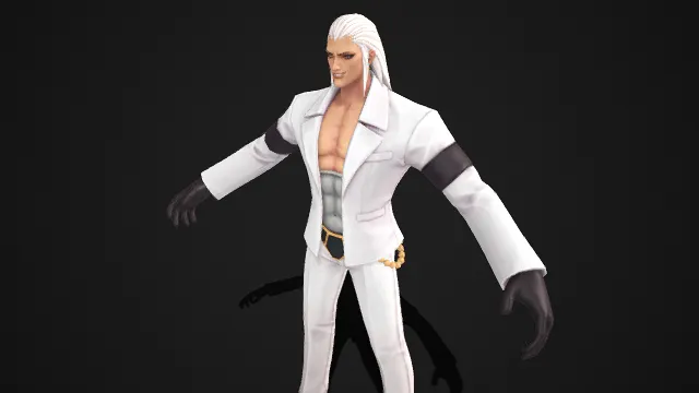 飘逸白色长发  白色西装  黑色手套  优雅气场  叛逆感  肌肉线条  设计个性  健硕胸腹肌