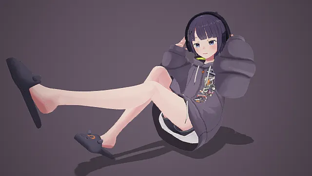 休闲时尚女孩：炫酷耳机与慵懒拖鞋3D人物角色模型