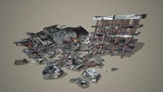 写实风格半坍塌石木建筑废墟堆 3D 模型 城市场景搭建素材