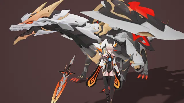 3D卡通风机甲少女与巨龙场景模型，创意设计（3D机甲少女、卡通风格、科幻炫酷、机甲主题、奇幻元素）