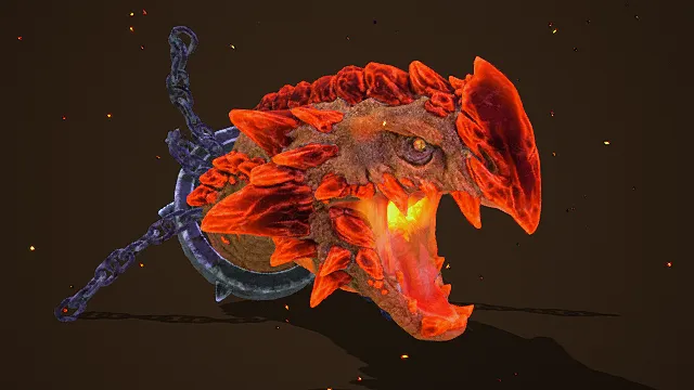 奇幻风格3D怪物头部模型，创意设计（奇幻怪物头、红色尖刺、蓝色锁链、火焰特效、独特造型 ）
