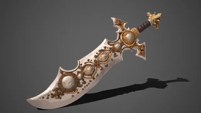 弯刀  华丽奇幻  鎏金雕纹  兽首装饰  兵器  游戏道具  金属光泽
