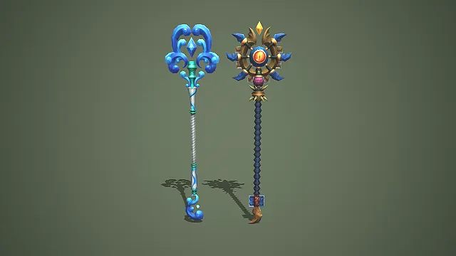 两款元素主题奇幻法杖 3D 模型 游戏法师武器道具资产