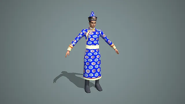 蒙古族特色花纹长袍尖顶帽传统男性角色 3D 模型