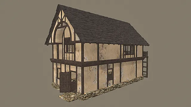 复古半木构石基古风小宅院3D模型