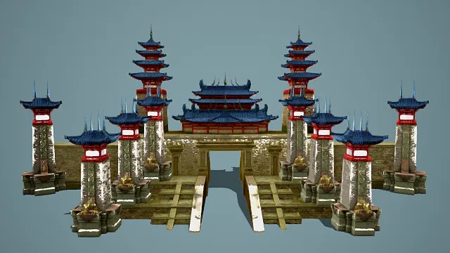 3D卡通风格中式城楼建筑群模型，创意设计（3D建筑、卡通风格、华丽庄重，文化主题，物品元素）