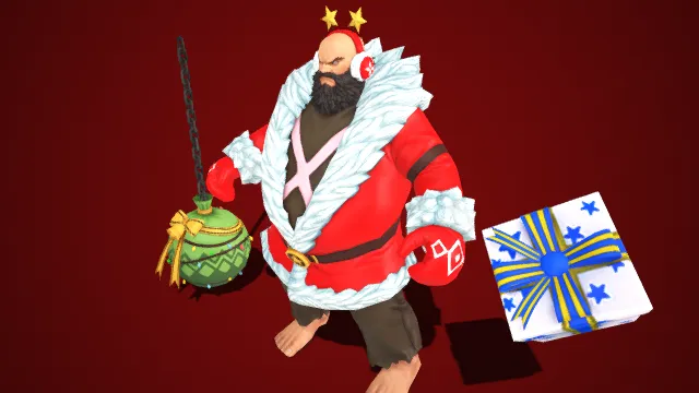 圣诞风巨汉：红袍白绒的铁球斗士  圣诞主题  神情凶悍  铁球  星纹礼盒  格斗角色  节日限定