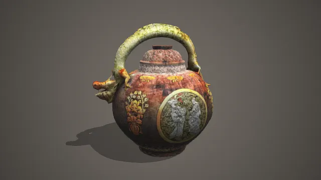 国风古彩风格龙柄人物纹壶摆件 3D 模型 