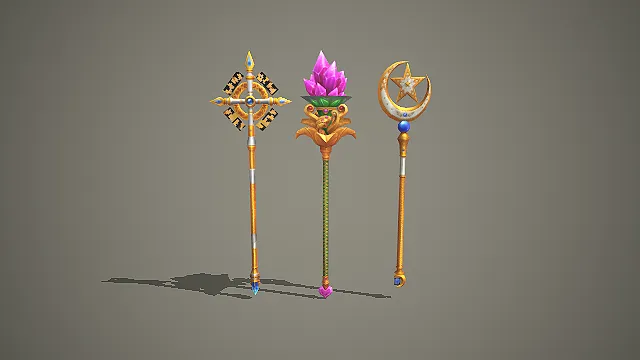 三款奇幻魔法主题法杖 3D 模型 游戏法师武器道具
