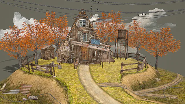 废土怀旧风格山间小屋场景模型 