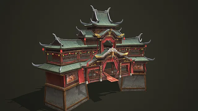 带红灯笼与帷幔的中式古风两层戏楼建筑