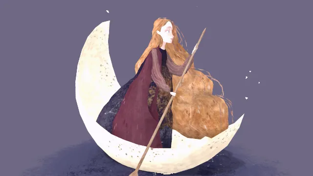 风格化女孩把月亮当做船向这光亮滑去场景