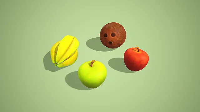 卡通风格杨桃椰子与双色苹果组合 3D 低多边形美食场景装饰模型