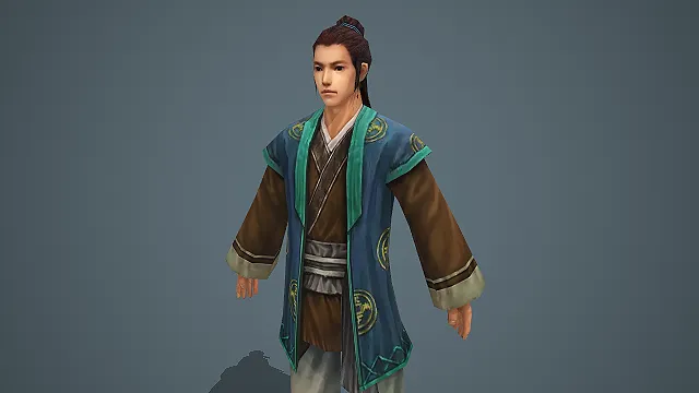 古风蓝马甲青年男子游戏 NPC 角色模型