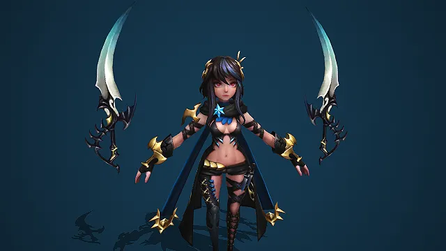 卡通 Q 版黑发蓝纹女刺客带双镰刃星饰披风 3D 游戏角色模型