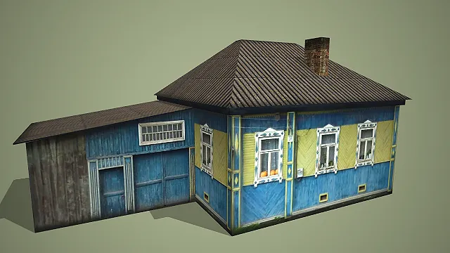 蓝黄拼色墙面配金属顶及附属小屋的复古乡村平房建筑 3D 场景模型