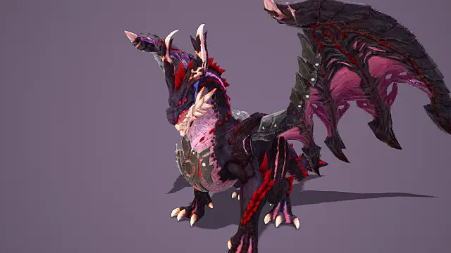 奇幻风格3D双头龙生物模型，创意设计（奇幻双头龙、3D模型、黑红主色调、粉色荧光细节、尖角与棘刺、蝙蝠状翅膀、锋利爪牙）