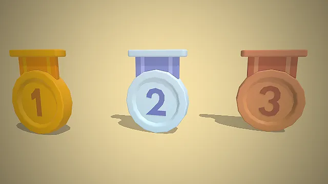 一套低模软萌风格的包含金、银、铜三种奖牌的3D模型