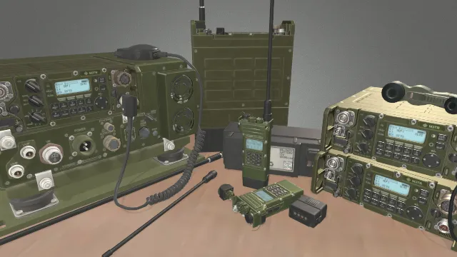 军事装备无线电机器通讯器木桌场景