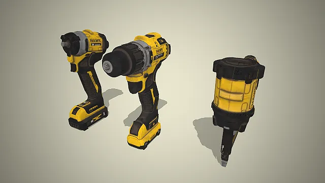 一套黄黑配色的，写实风格充电式电动工具3D模型