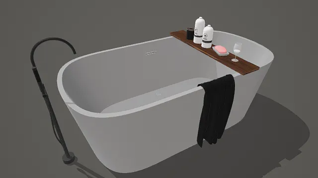 3D卡通风格白棕黑系现代浴缸场景模型，创意设计（3D场景、卡通风格、卡通现代风，浴缸设计主题）