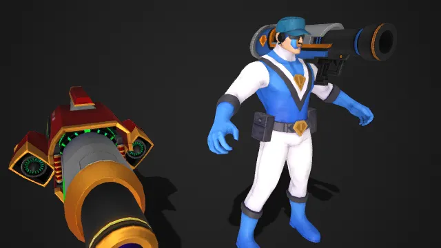 未来科技风格  远程战斗  蓝白连体战服  未来特工  巨型火炮武器  机甲纹理  蓝白主色