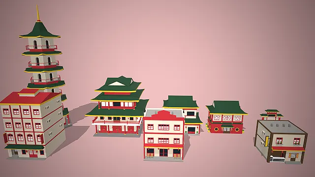 中式建筑套装  卡通国风楼宇群  古风场景搭建  传统民居