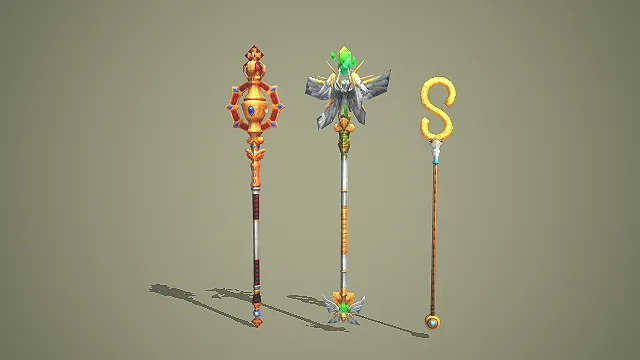 三款奇幻风宝石法杖 3D 模型 游戏法师武器道具资产