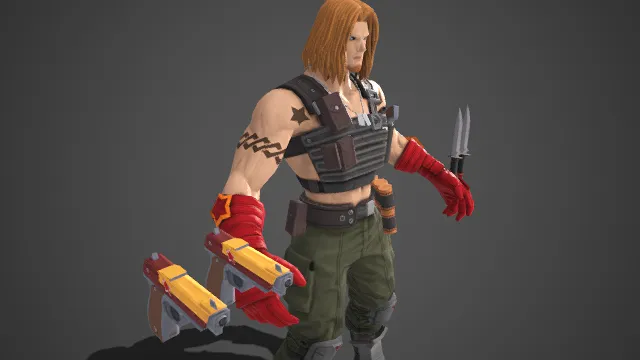 浅金长发  身形健硕  战术佣兵装  手枪匕首  攻击性  风格硬朗  冒险题材  军事  佣兵战斗角色