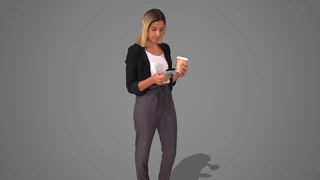 黑西装白衫女士持手机咖啡职场通勤姿态 3D 模型