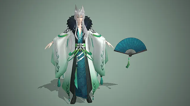 狐妖小红娘  空青  银发狐耳  青纹折扇  