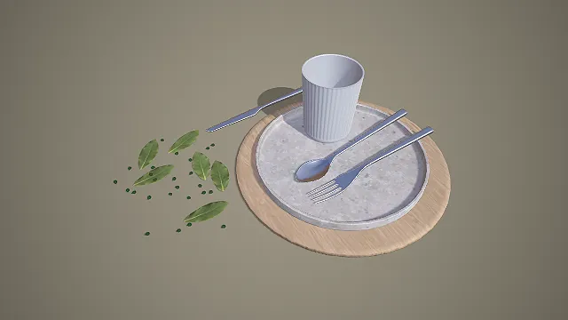 木质底托金属餐盘竖纹杯餐具组合带植物装饰 3D 模型