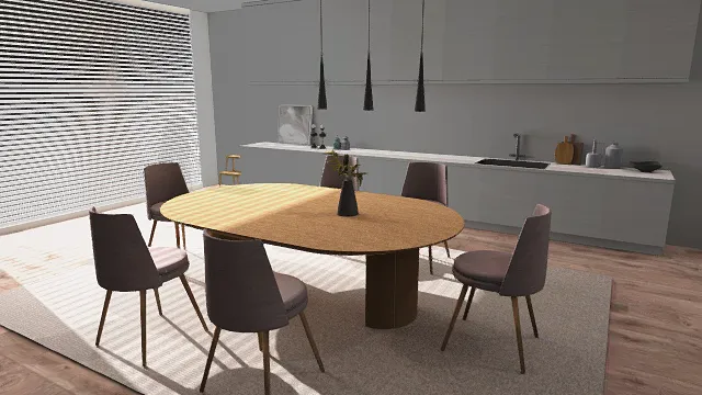 3D卡通风格棕灰白系现代餐厨场景模型，创意设计（3D场景、卡通风格、卡通现代简约风，场景设计主题）