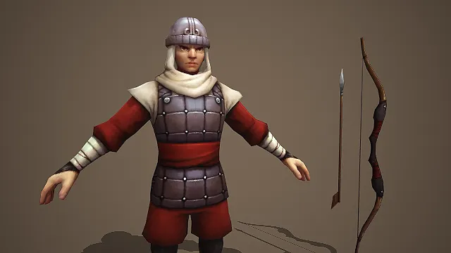 带弓箭的红布皮甲制式弓箭手游戏 NPC 模型