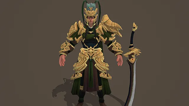 国风武将风格男性角色模型（绿黑金配色华丽战甲造型）