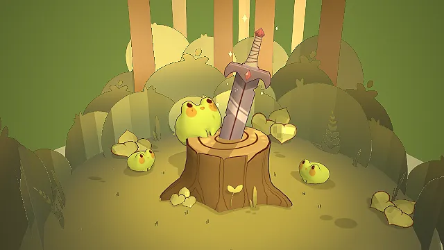 卡通治愈系  树桩圣剑  青蛙  森林奇幻场景