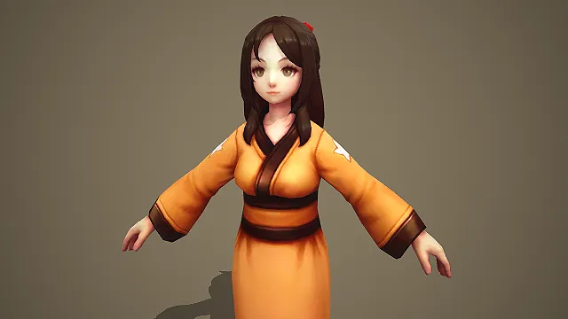 穿橙黄交领汉服的朴素古风少女游戏 NPC 模型
