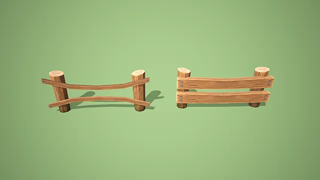 卡通风格曲杆与宽板双款式木栅栏 3D 低多边形场景装饰模型