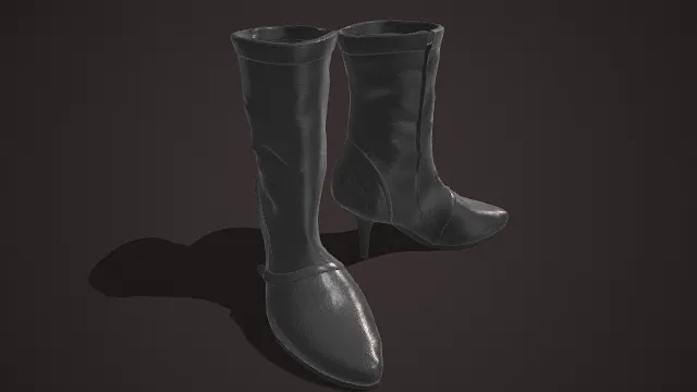 时尚风格  女士中筒靴  黑色皮质面料  尖头细高跟设计  侧拉链  细腻皮革质感  日常穿搭  轻熟风  职场通勤