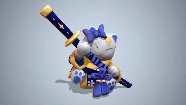 穿着蓝色长袍的小猫，抱着一把蓝色绷带缠着的刀