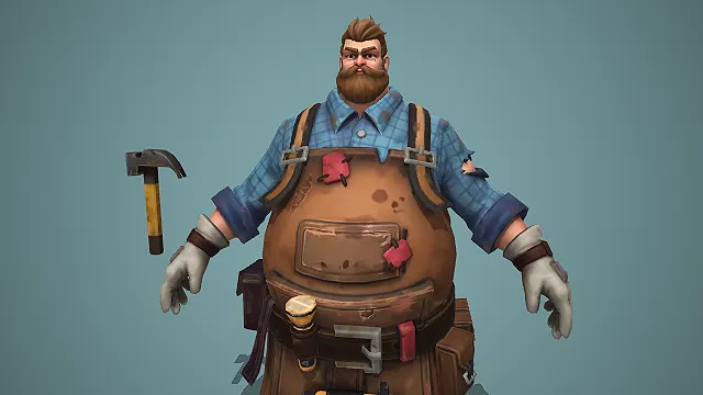 卡通风格壮硕工匠男性角色 3D 模型 带锤子工具套装