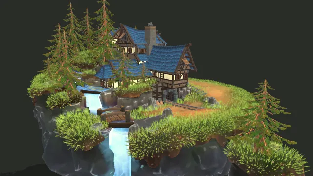 卡通风格化的三维漂浮岛屿和矿井房屋建筑场景