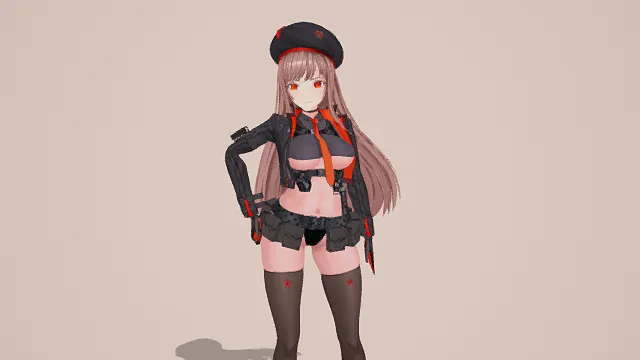 3D卡通风格黑粉红系军装少女角色模型，创意设计（3D角色、卡通风格、酷飒军事风，角色设计主题）